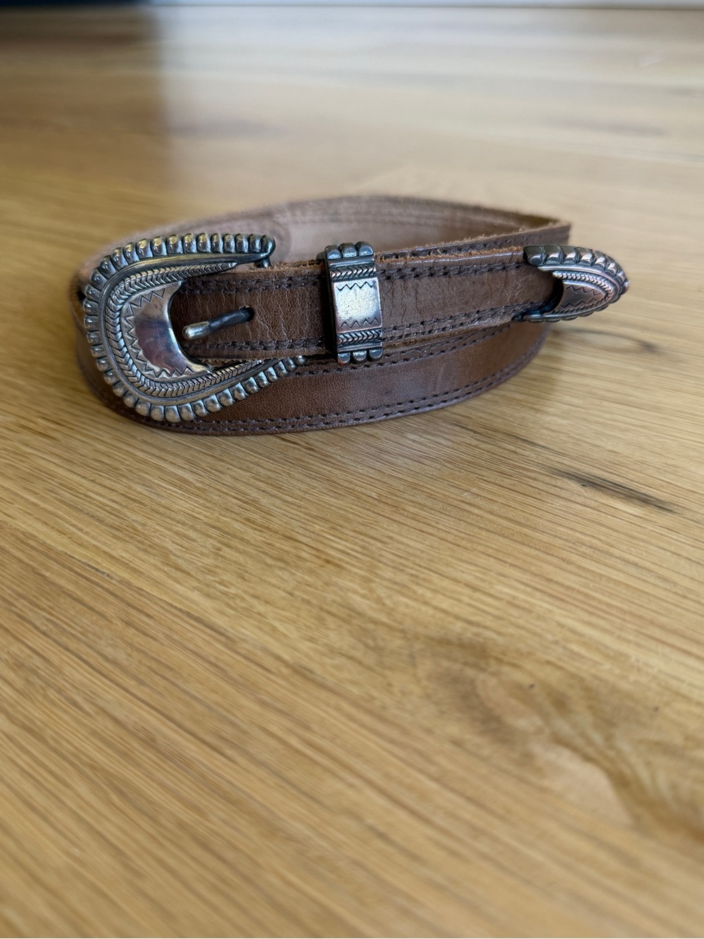 Vintage Liz Claiborne Brown Leather Belt with Silver-Tone Buckle - Size Medium